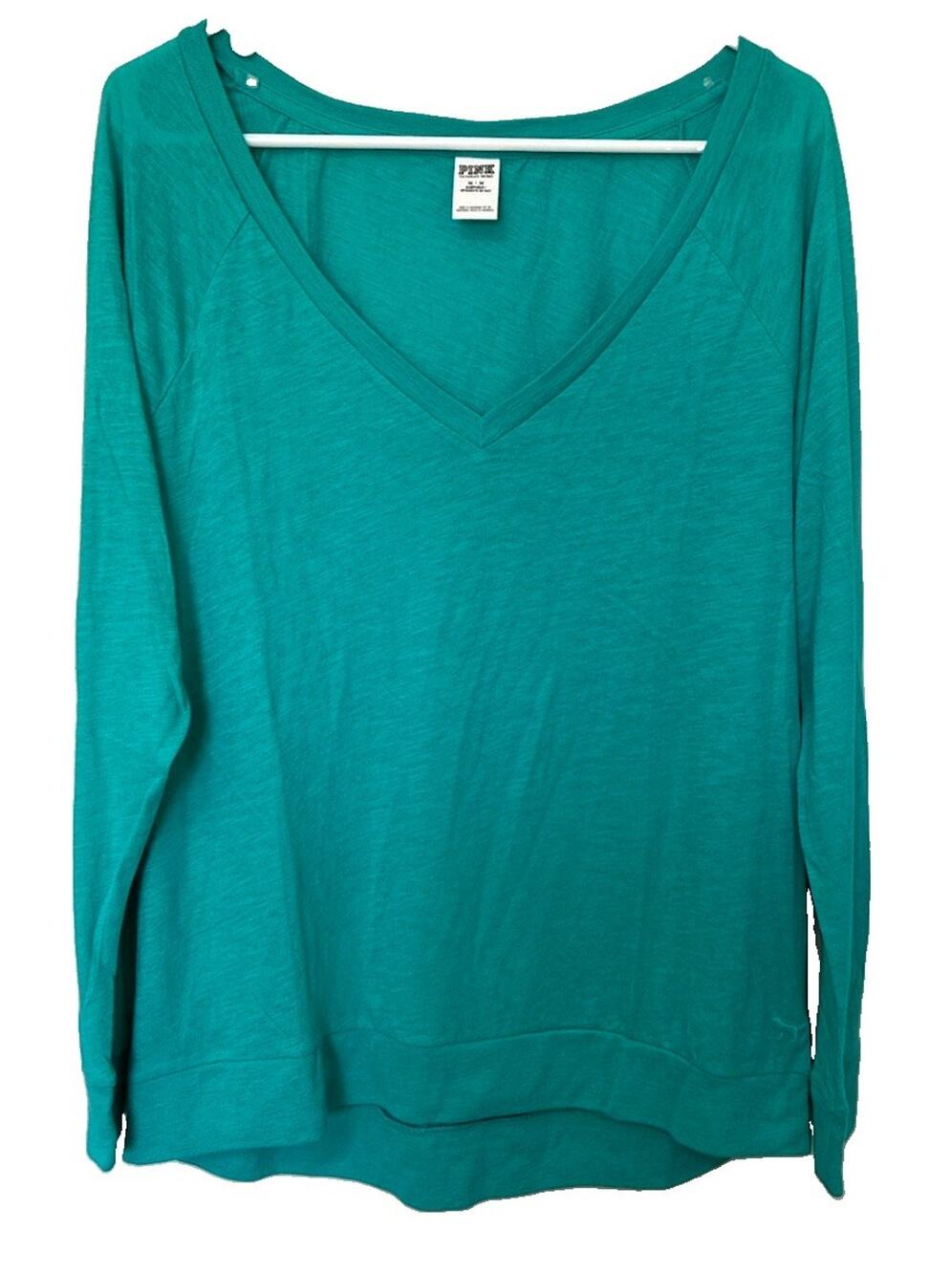 PINK Victoria's Secret Sleep Top M Turquoise V-Neck Long Sleeve Logo